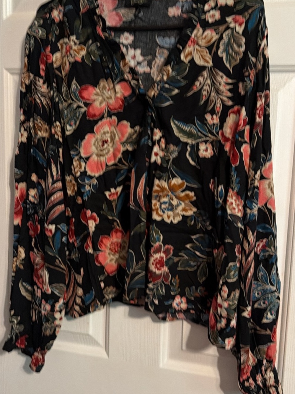 Jessica Simpson Black Floral Button-Down Blouse with Coral and Blue Accents